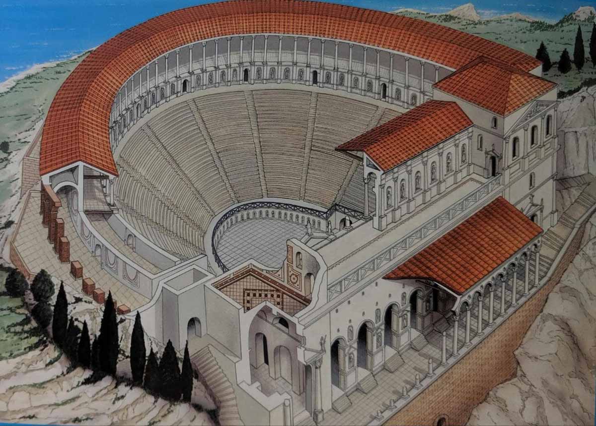 Reconstruction of the Ancient Greek Theatre of Taormina. Source Editorial Bonechi